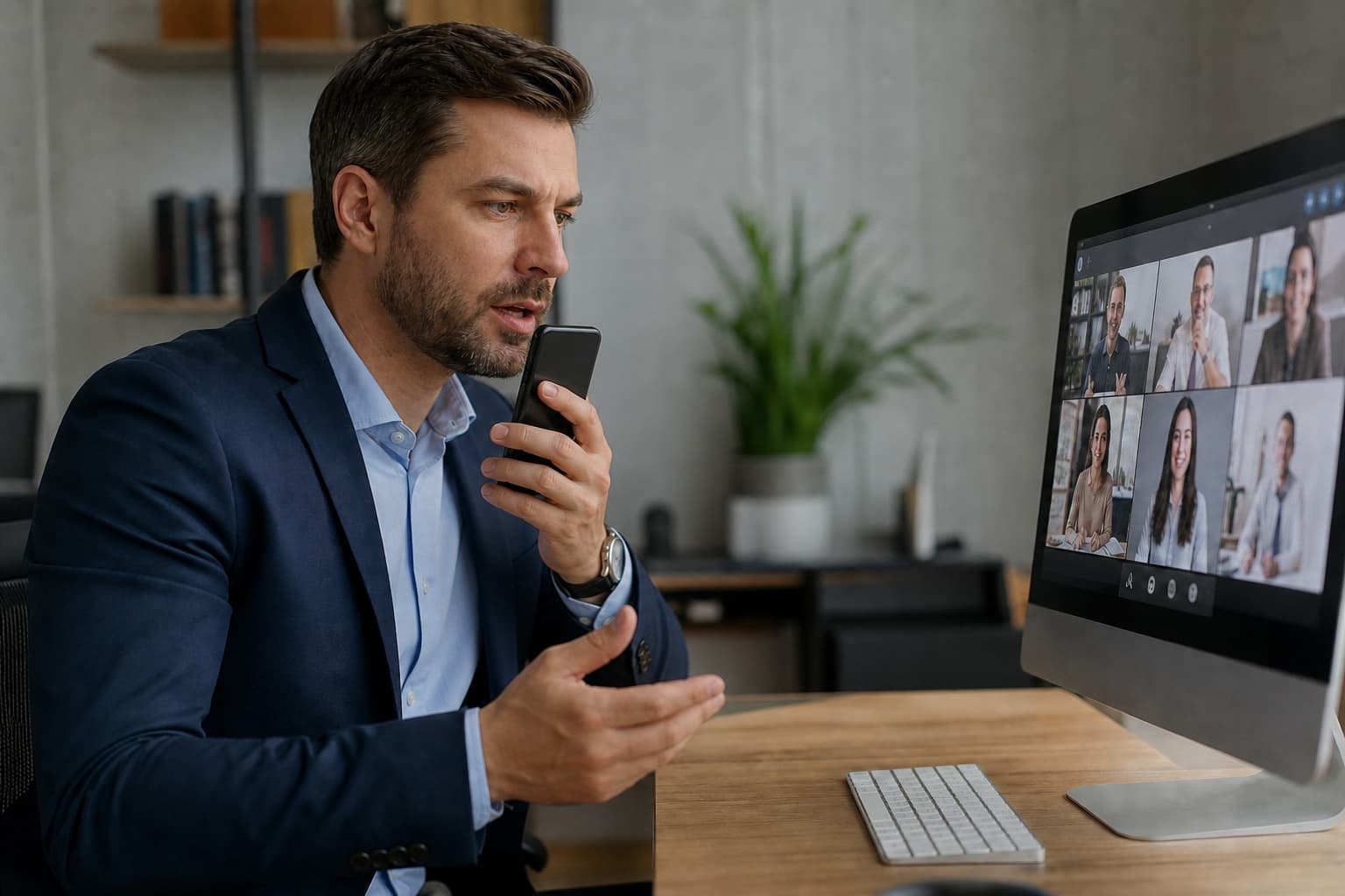 A professional holding their iPhone as a push-to-talk mic during a video meeting on their Mac