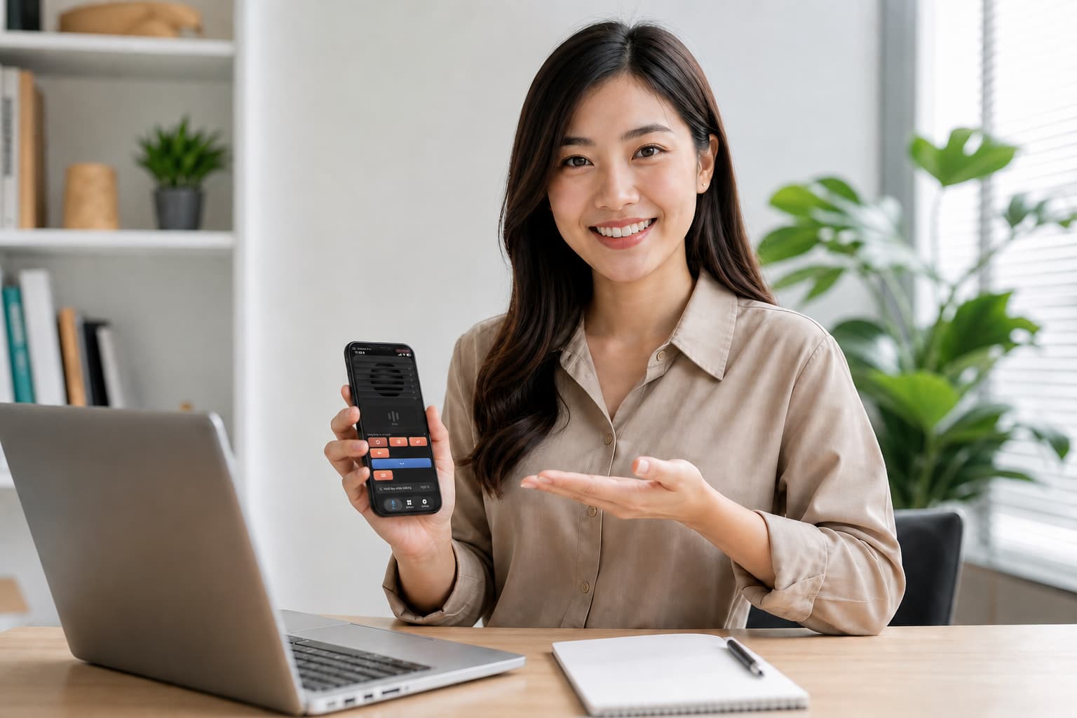 A person showing the iMic app on their iPhone next to their laptop