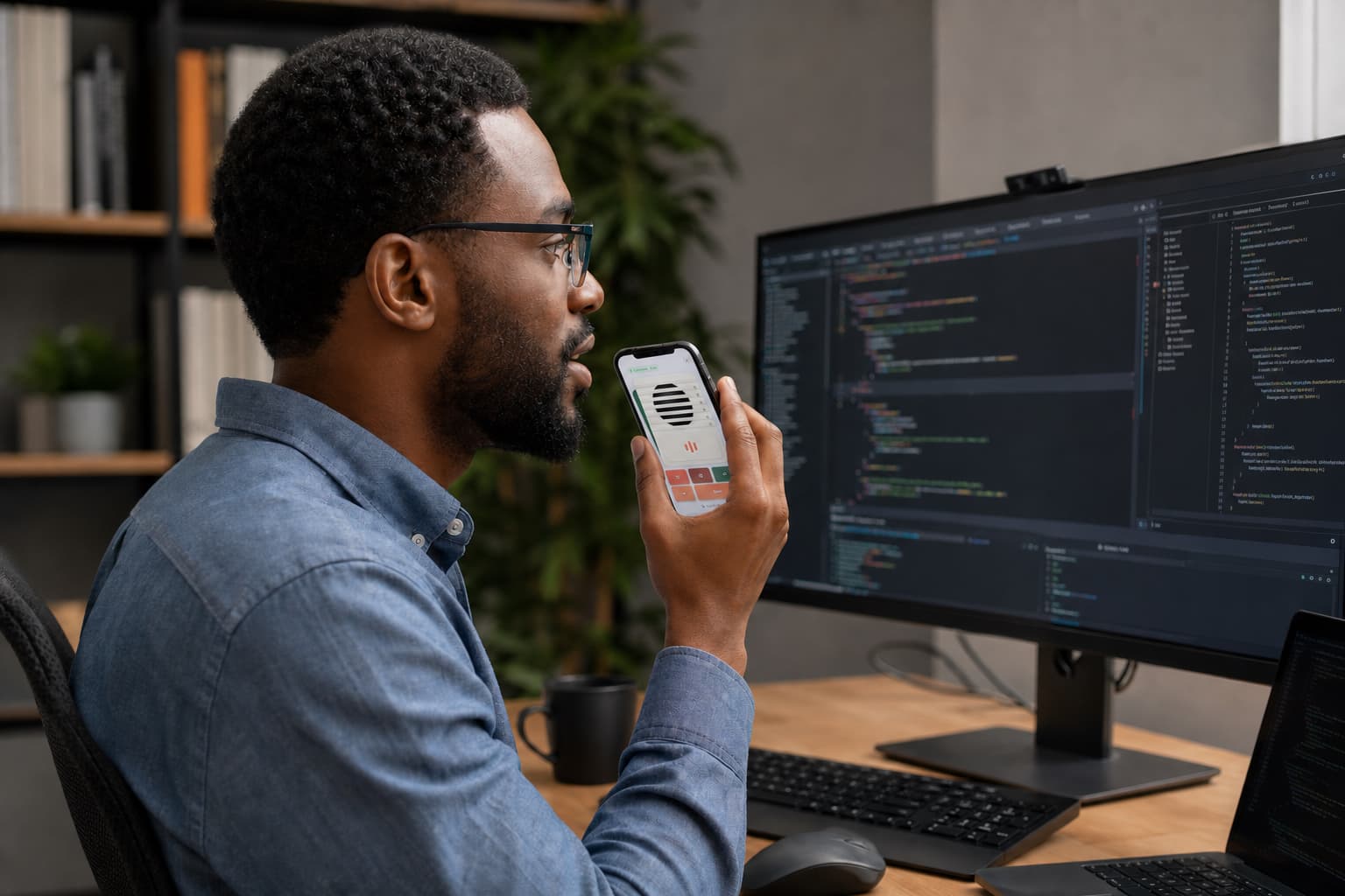 A developer dictating to their Mac through iMic on their iPhone while coding