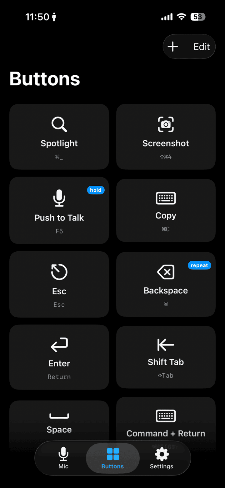 iMic iPhone app Buttons tab showing a grid of programmable Mac shortcuts — Spotlight, Screenshot, Push to Talk, Copy, Esc and more.