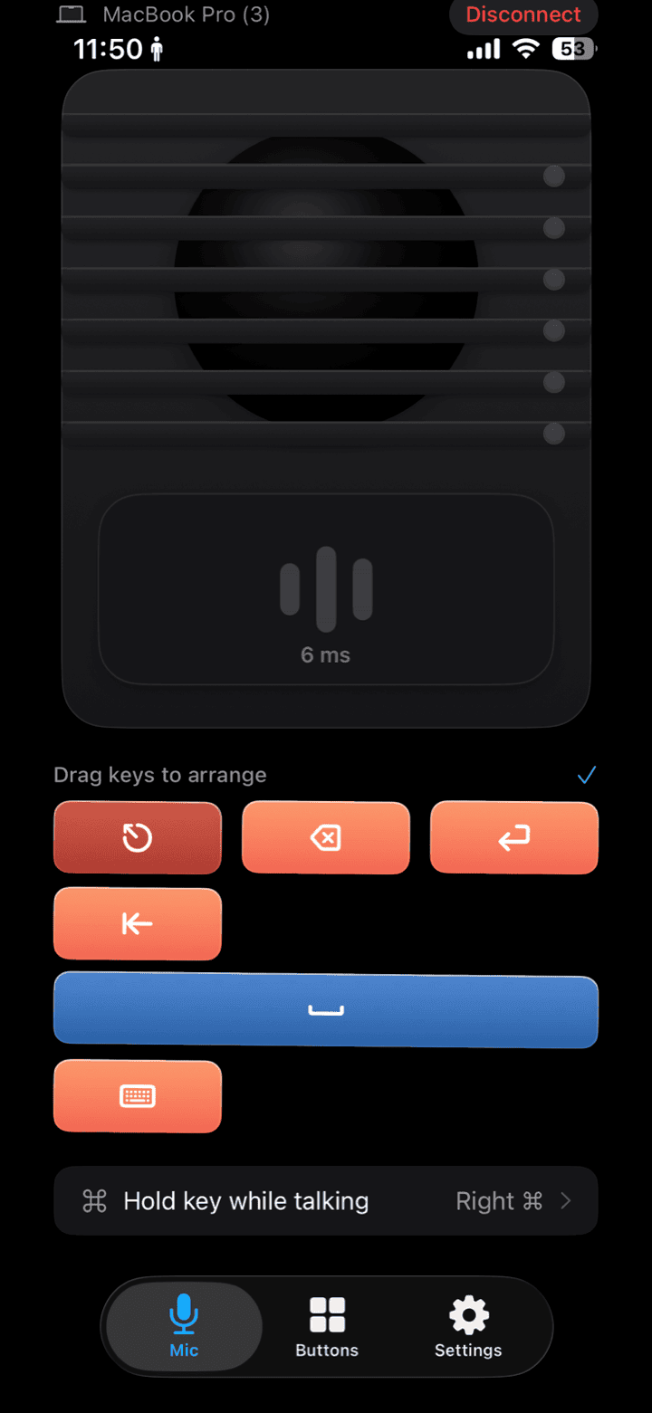 iMic iPhone app arranging the quick-key row by dragging, with a 6 ms latency readout.