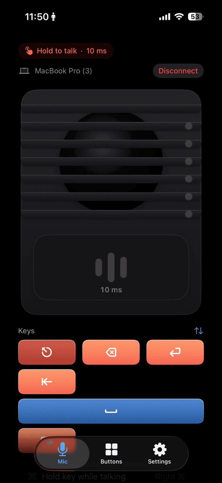 iMic iPhone app on the Mic tab, holding to talk with a live 10 ms latency readout while connected to a MacBook Pro.