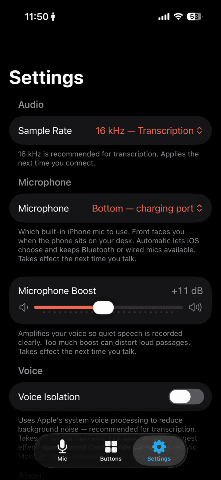iMic iPhone Settings with sample rate, microphone selection, microphone boost and voice isolation controls.