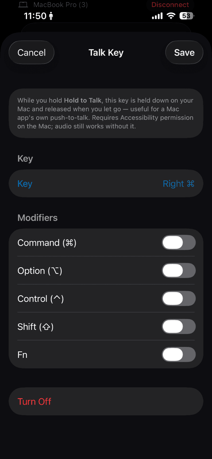 iMic iPhone Talk Key screen mapping a push-to-talk key and modifiers for a Mac app.