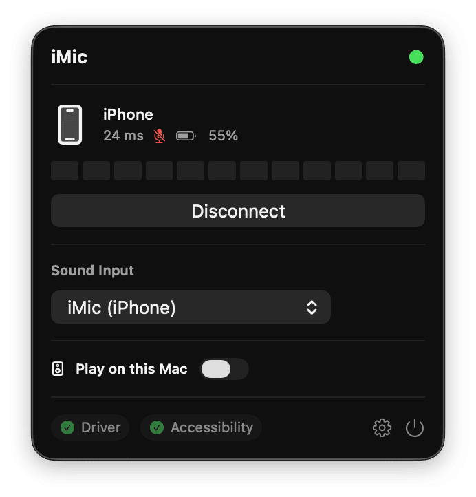 iMic Mac menu-bar popover showing a connected iPhone and iMic selected as the system Sound Input.
