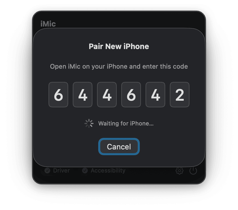 iMic Mac pairing dialog advertising on the local network and displaying a six-digit code to enter on the iPhone.
