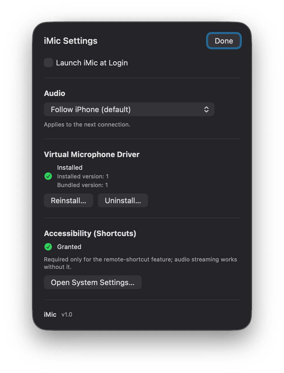 iMic Mac Settings window showing launch at login, the virtual microphone driver installed and Accessibility permission granted.